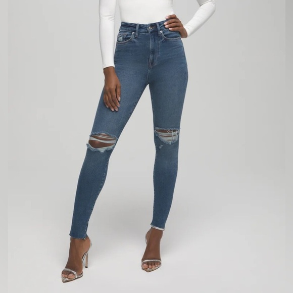 Good American Good Waist Crop Raw Edge Blue Size 00/24 Women’s Distressed Jeans - Picture 1 of 11